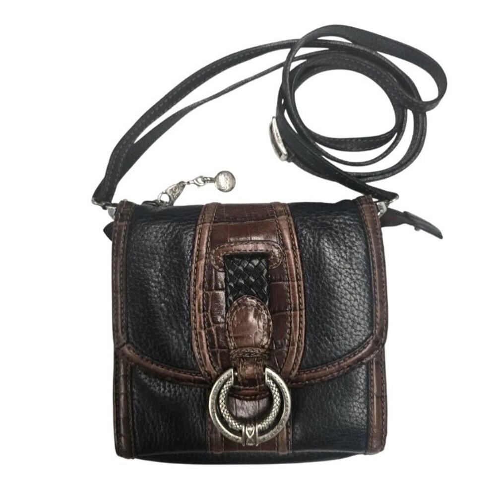 Vtg Brighton Nepal Mini Organizer Crossbody Wallet Bag Black Brown Croc Leather